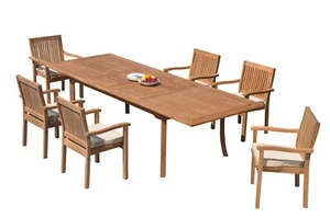 7pc Grade-A Teak Dining Set 118" Rectangle Table 6 Leveb Stacking Arm Chairs - Picture 1 of 7