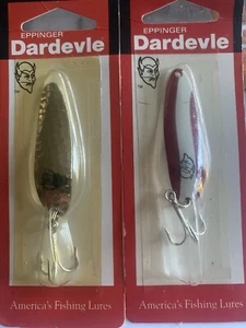 2 Eppinger DARDEVLE LURES New in Pack Cop E Cat 1/3oz RED/WHITE & GOLD - Picture 1 of 2