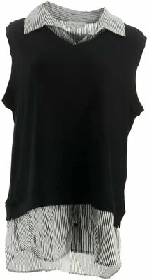 Kathleen Kirkwood Ribbed Tank Striped Collar & Shirttail-Black-Small-NEW-A351220 - Image 1 of 2