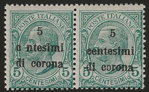 1919 Trento e Trieste - Coppia 5 c. varietà di soprastampa a sinistra MNH** - Picture 1 of 2