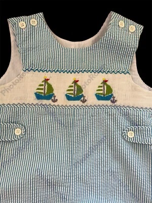 Mom & Me Aqua Stripe Smocked Embroidered Sailboats Seersucker Coverall-18 Mos — 第 1/4 张图片