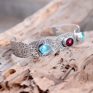 Swiss Blue Topaz & Garnet Gemstone 925 Sterling Silver Dainty Style Bangle Cuff - Picture 1 of 5