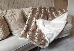 Sodex Lynx Tan White Faux Fur W/ Cream Lining - High Quality Super Deluxe Throw - Picture 1 of 3