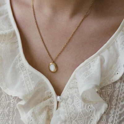 Women 18k Gold Plated Stainless Steel Oval Mother of Pearl Charm Necklace - Image 1 of 4