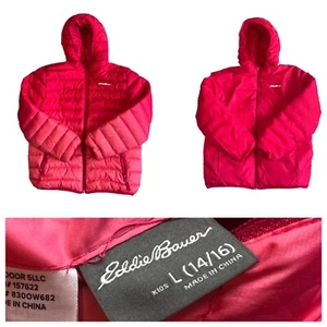 Eddie Bauer Girl’s Pink Down Puffer Hooded Reversible Jacket Size Large - Picture 1 of 6