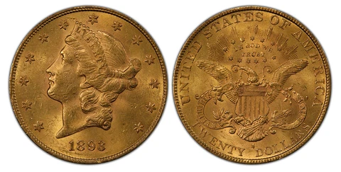 1893-S $20 Double Eagle PCGS MS62.  San Francisco Coronet head. KM 74.3 Cover