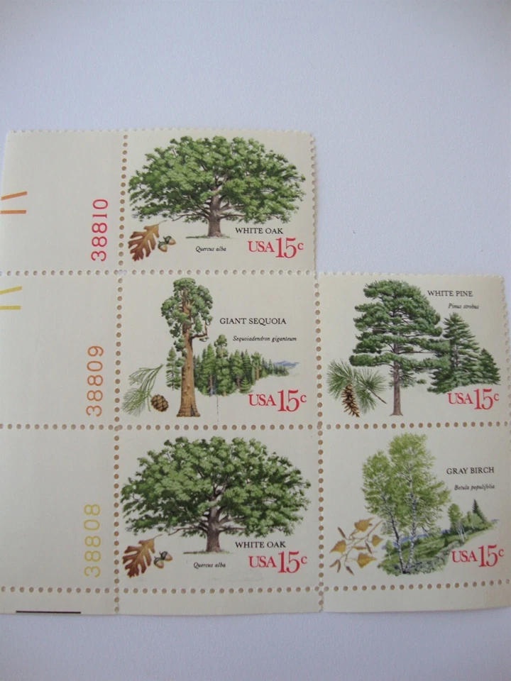 Vintage US POSTAGE 15 cent stamp PLATE BLOCK TREES Oak Sequoia Pine MNH - Image 1 of 1