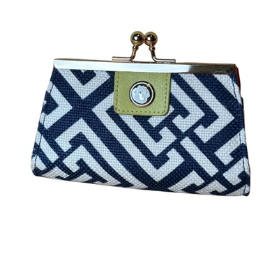 New Spartina Blue White Coinpurse Kiss Closure Daufuskie Linen Leather - Image 1 of 4