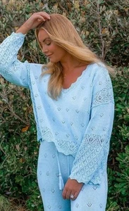 Arnhem Bella Gypsy Bohemian Organic Powder Blue Cotton Knit Jumper L - Picture 1 of 15