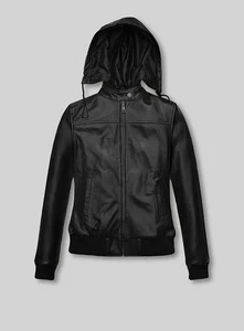 Women's Black Symphony Detachable Hood Leather Bomber Jacket Handmade Lambskin - Picture 1 of 7
