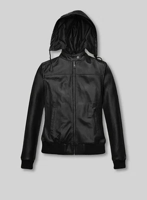 Women's Black Symphony Detachable Hood Leather Bomber Jacket Handmade Lambskin - Image 1 of 4