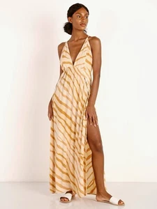 INDAH River Triangel Plunge Wickelrock Maxikleid in Golden Zebra S/M - Bild 1 von 12