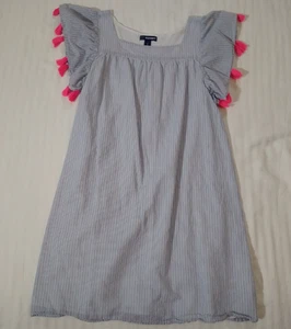 Girls Old Navy Top Dress Mini Tunic Blue White Stripes Pink Tassels Vintage L - Picture 1 of 16