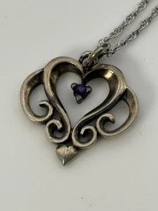 James Avery Rare Retired Ametheyst scrolled heart birthstone charm w/ 18” chain - Picture 1 of 4