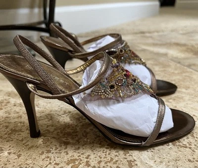 Nine West Saphyra Gold Leather Beaded T-Strap Slingback Stiletto Heels Women 7.5 - Image 1 of 4
