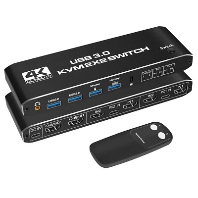 KVM Switch 2 Monitors 2 Computers, NEWCARE 4K@60Hz HDMI KVM switches with Audio, - Image 1 of 4