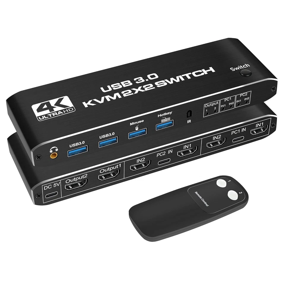 KVM Switch 2 Monitors 2 Computers, NEWCARE 4K@60Hz HDMI KVM switches with Audio, - Image 1 of 4
