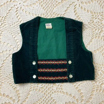 Chaleco de Vacaciones Vintage Años 70 RGee Originales Niños 4t Terciopelo Verde Boho Bordado Foto 1 de 4