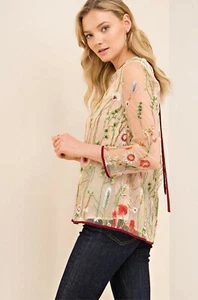 Entro Always in Bloom Floral Embroidered Sheer 3/4 Sleeve Boho Top Size Small - Picture 1 of 12