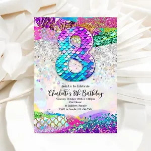 YOU PRINT, 8th Birthday Girl Mermaid Glitter Customised Printable Invitation - Picture 1 of 2