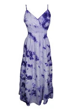 Boho Gypsy Hippy Tie Dye Purple Flare Spaghetti Strap Deep Neck Summer Dresses S