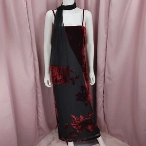 '90s Y2K Joseph Ribkoff Woman's Black & Red Velvet Floral Slip Dress W Scarf 8 - Picture 1 of 11