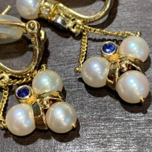 Nobuko Ishikawa Pearl Blue Sapphire Diamond 18K Yellow Gold Dangle Drop *Eyi121 - Picture 1 of 13