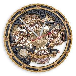 Automaton Bite Moving Gears Wall Clock 1682 Circle Black Gold Steampunk Loft Art - Picture 1 of 8