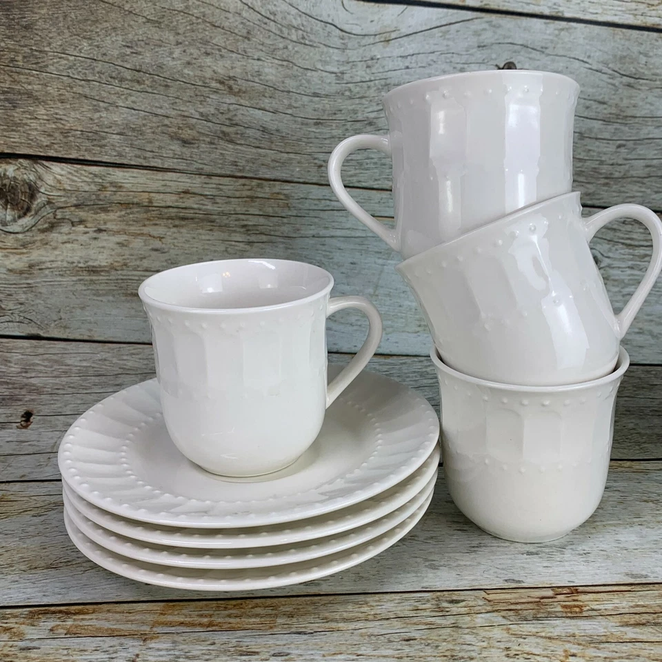 Gibson Designs MARQUESS White Fluted Dots Rim Porcelain Cups & Saucers Set of 4 - Image 1 of 4
