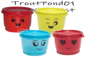 TUPPERWARE Snack Cups Set 4 Lunch Box 4 oz Bowls Emoji Happy Faces Hearts Smile - Picture 1 of 8