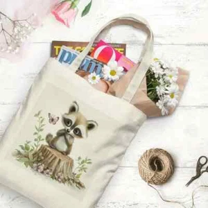 Tragetasche Waschbär & Blumen Canvas Beuteltasche wiederverwendbar stabile Griffe, robust - Bild 1 von 7