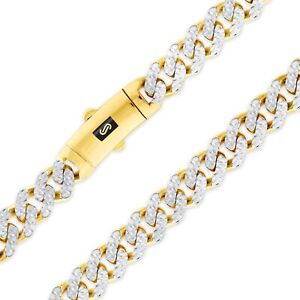 10K Yellow Gold Plated Miami Cuban 7.5mm Diamond Cut Pave Chain Necklace 18"-30"