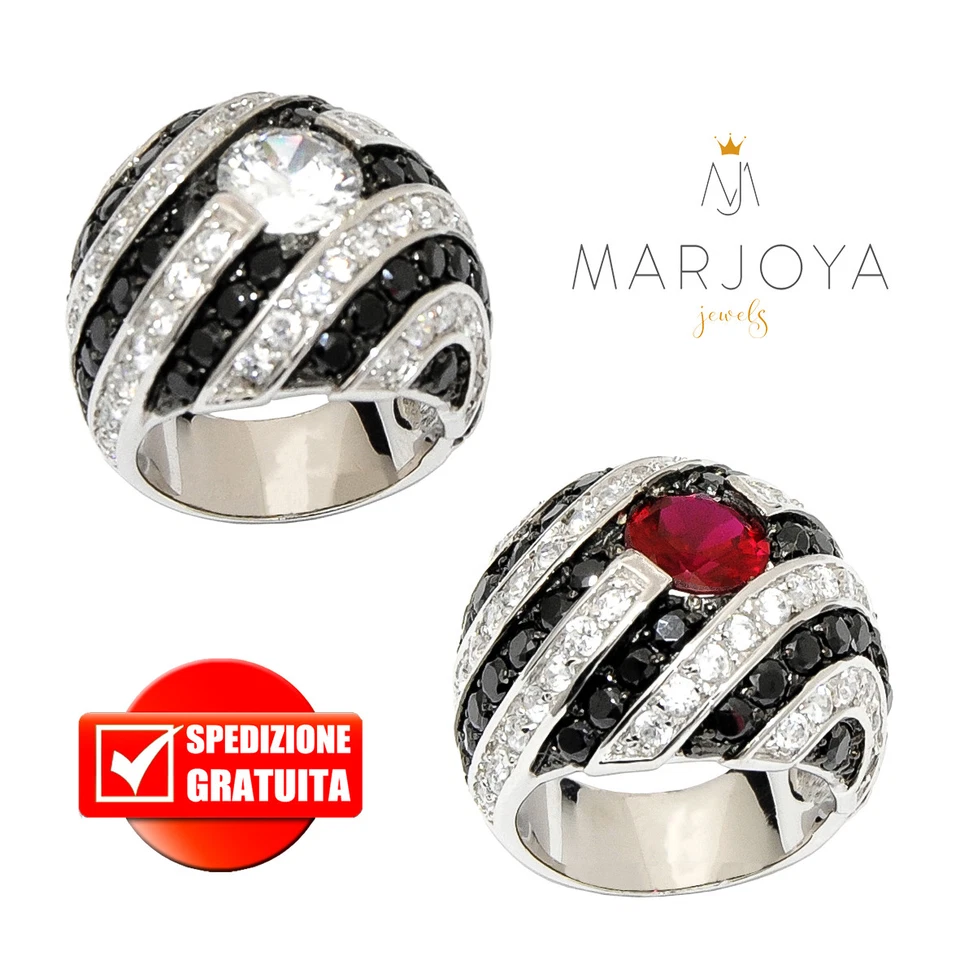 Anello fascione papale in argento 925 con zirconi bianchi,neri e rosso rubino - Immagine 1 di 1