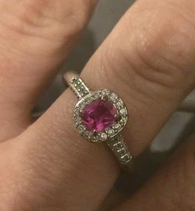 Hot Pink Ruby Halo Setting Rhodium Plated Ring- Size 9 - Picture 1 of 3
