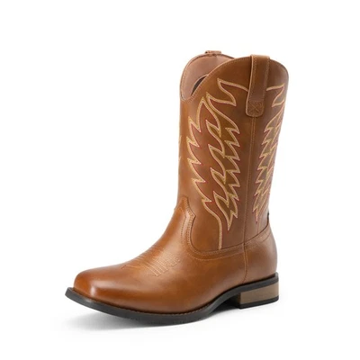 Men Calf High Boots Slip on Western Boots with Chic Embroidered Square Toe Boots - Изображение 1 из 4