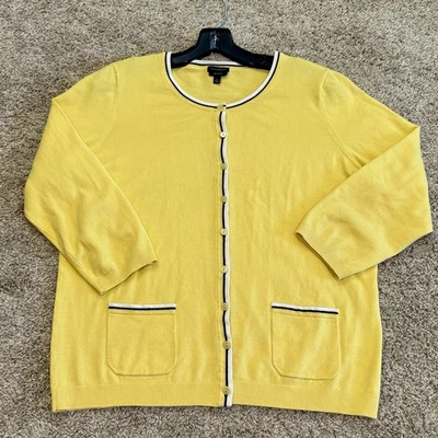 TALBOTS Women's Cardigan Sweater Size L Yellow White Trim Pima Cotton Buttons - Image 1 of 4