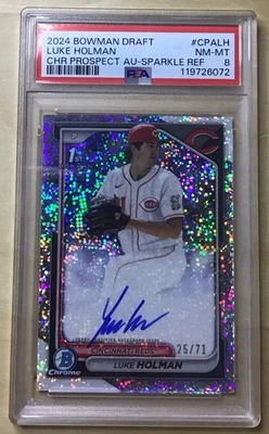 🔥Luke Holman 2024 Bowman Chrome 1st Sparkle Refractor Auto /71 Reds PSA 8 POP 1 - Image 1 of 2
