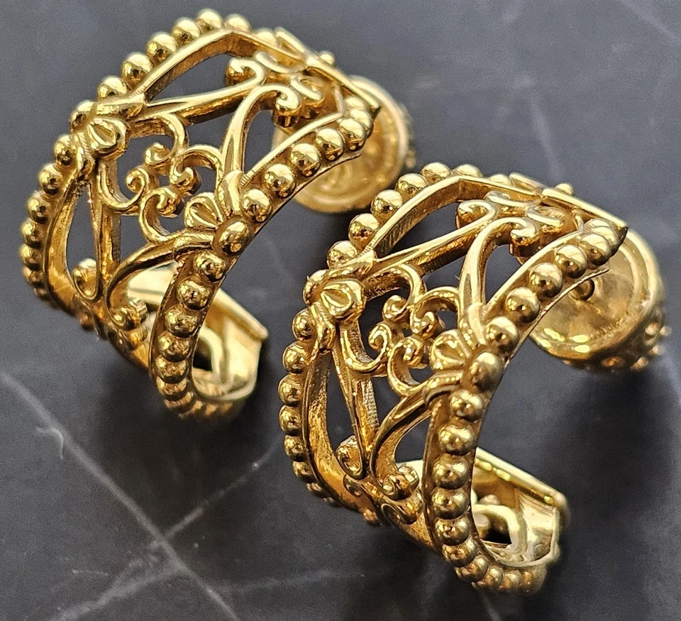 Konstantino 18k 750 Gold Hoop Earrings Filigree Open Work Design Huggies 1/2" 8g - Image 1 of 4