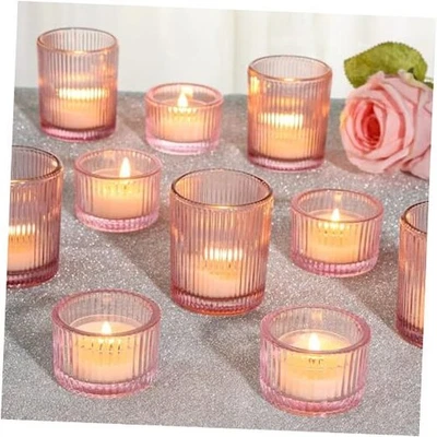 24 Pcs Glass Votive Candle Holders – Assorted Ribbed Tea Light Holders Pink - Image 1 of 4