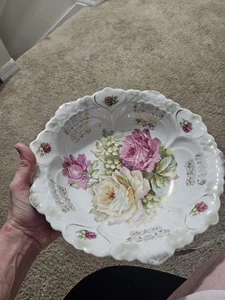 DE COLECCIÓN, CUENCO DE 10" DE PORCELANA FESTONEADA ORO ADORNADO ALEMÁN ROSA/AMARILLO - Imagen 1 de 11