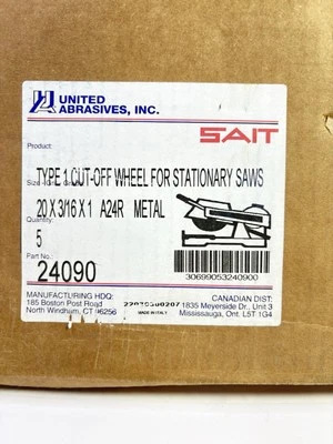 Qty-5 SAIT 24090 20 X 3/16 X 1”  Arbor 24 Grit Stationary Saw Cut Off Wheels - Image 1 of 3