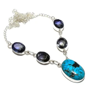 Turquesa tibetana, piedras preciosas de amatista 925 collar de joyería de pla... - Imagen 1 de 5