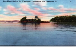 Rock Island Malletts Bay Fischerparadies See Champlain Vintage Postkarte Leinen - Bild 1 von 2