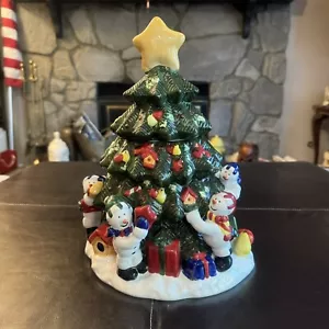 Vintage 13.5” Christmas tree Ceramic cookie jar w/snowmen presents birdhouses - Picture 1 of 17