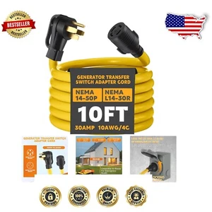 30 Amp 10FT Generator Adapter Cord - Secure NEMA 14-50P to L14-30R Connection - Picture 1 of 9