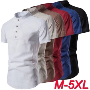 Men Cotton Linen T Shirt Short Sleeve Top Summer Grandad Collar Shirt Blouse Tee - Picture 1 of 18