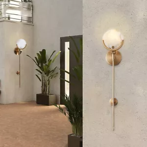 Metal Wall Sconce Gold Long Arm Wall Mount Lighting with Marble Stome Disc Shade - Picture 1 of 10