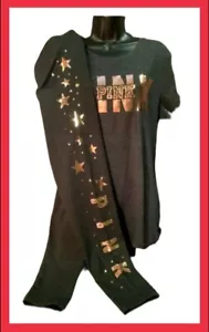 Victorias Secret Pink Bling SS Tee Shirt + Legging Set Gray Rose Gold Stars L XL - Picture 1 of 8