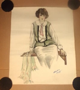 1926 SIGNED G. MENCHINE ORIGINAL ART DECO WATERCOLOR DRAWING OF WOMAN ON BENCH - Picture 1 of 8