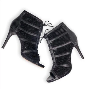 Womens Joie Size 9.5 Shari Black Snake Embossed Leather Mesh Bootie Open Toe  - Picture 1 of 11